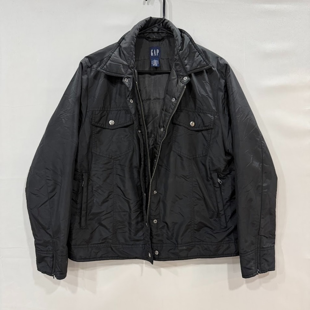 GAP Womens Black Quilted Trucker Jacket Snap Front Zipper Cuffs Large RN54023